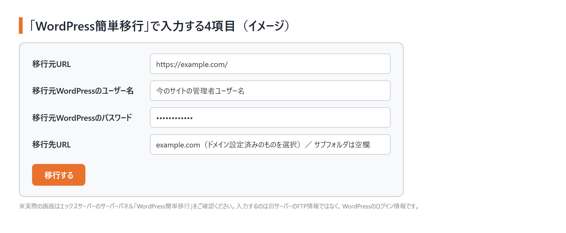 WordPress簡単移行で入力する4項目(移行元URL・ユーザー名・パスワード・移行先URL)のイメージ